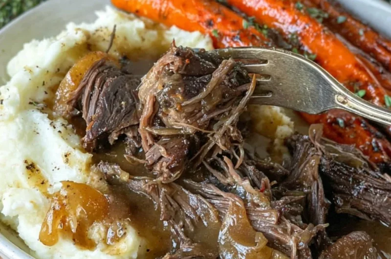 Delicious slow cooker classic pot roast served with vegetables on a rustic table.