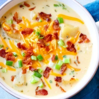 A bowl of creamy slow cooker potato soup garnished with herbs.