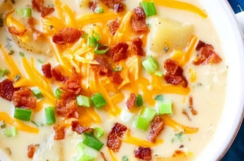A bowl of creamy slow cooker potato soup garnished with herbs.