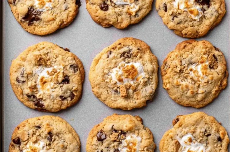 Delicious S'mores Cookies with chocolate, marshmallows, and graham cracker crumbs.