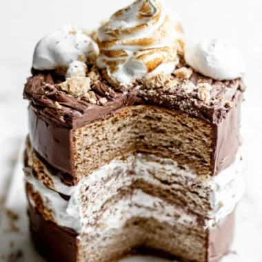 Delicious S'mores Layer Cake with chocolate, marshmallow, and graham crackers.