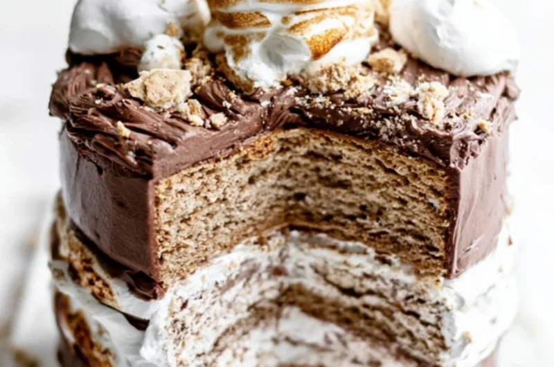 Delicious S'mores Layer Cake with chocolate, marshmallow, and graham crackers.