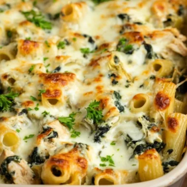 Delicious Spinach Artichoke Chicken Casserole served on a white plate