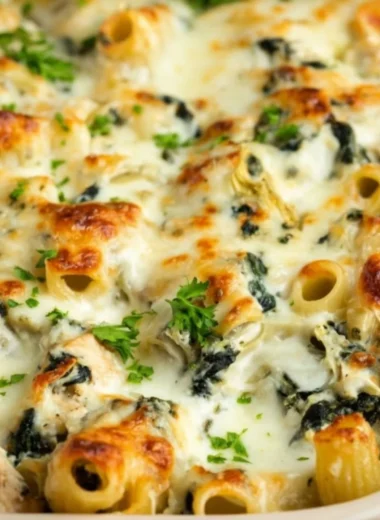 Delicious Spinach Artichoke Chicken Casserole served on a white plate