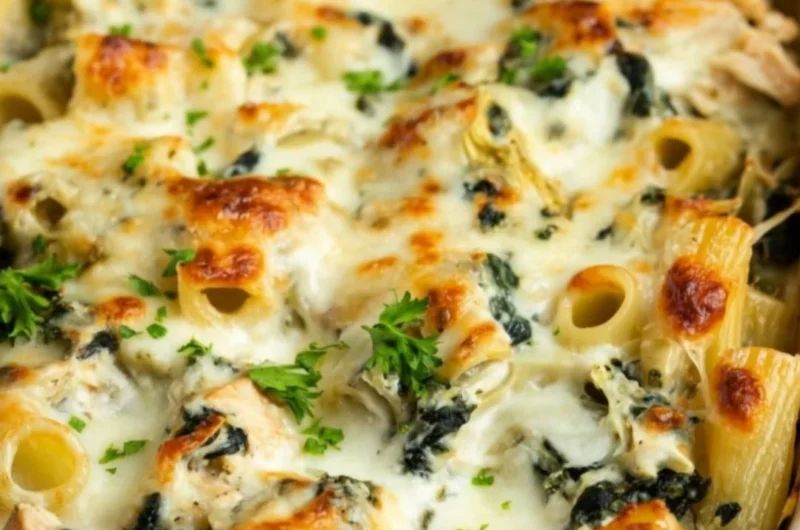 Delicious Spinach Artichoke Chicken Casserole served on a white plate