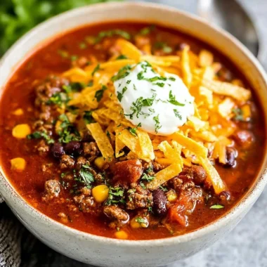 Delicious Taco Soup garnished with cheese and cilantro in a bowl