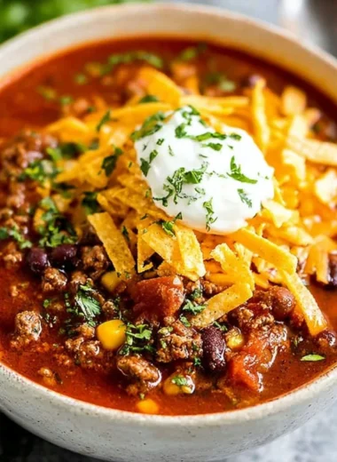 Delicious Taco Soup garnished with cheese and cilantro in a bowl