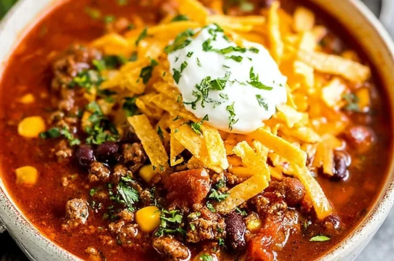 Delicious Taco Soup garnished with cheese and cilantro in a bowl