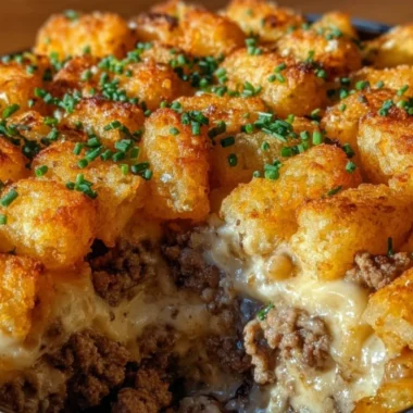Delicious Tater Tot Casserole served in a dish, topped with cheese and green onions.