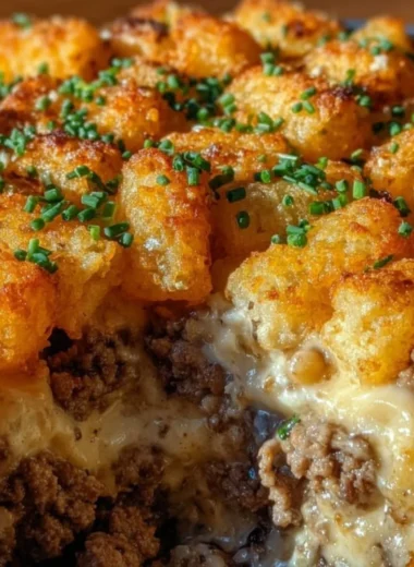 Delicious Tater Tot Casserole served in a dish, topped with cheese and green onions.