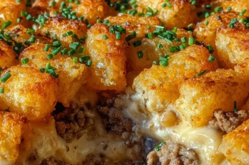 Delicious Tater Tot Casserole served in a dish, topped with cheese and green onions.