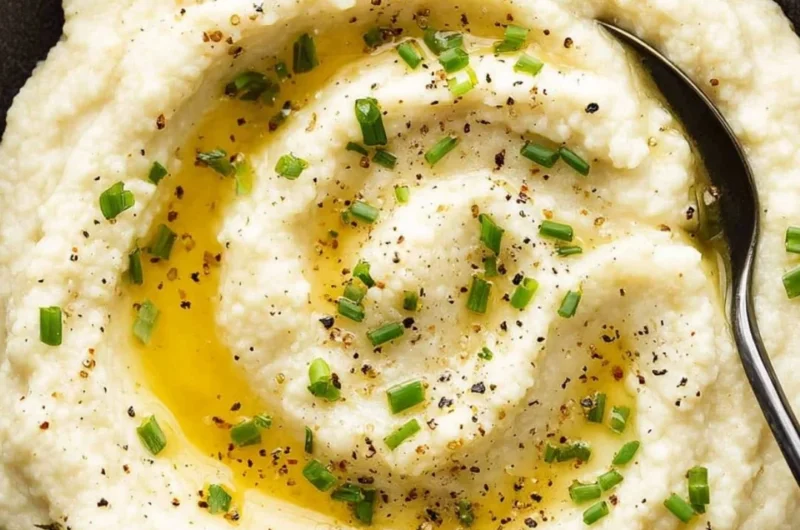 Bowl of creamy mashed cauliflower garnished with herbs on a rustic table