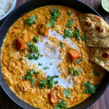 Bowl of vegan red lentil sweet potato curry garnished with herbs