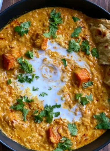 Bowl of vegan red lentil sweet potato curry garnished with herbs