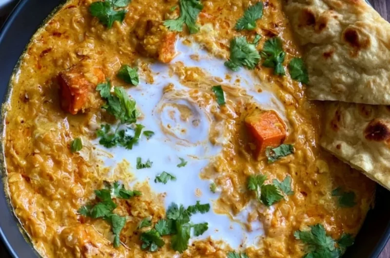 Bowl of vegan red lentil sweet potato curry garnished with herbs