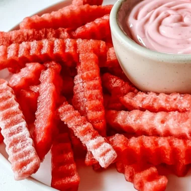 TikTok watermelon fries with strawberry yogurt dip on a plate.
