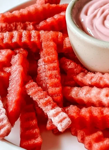 TikTok watermelon fries with strawberry yogurt dip on a plate.
