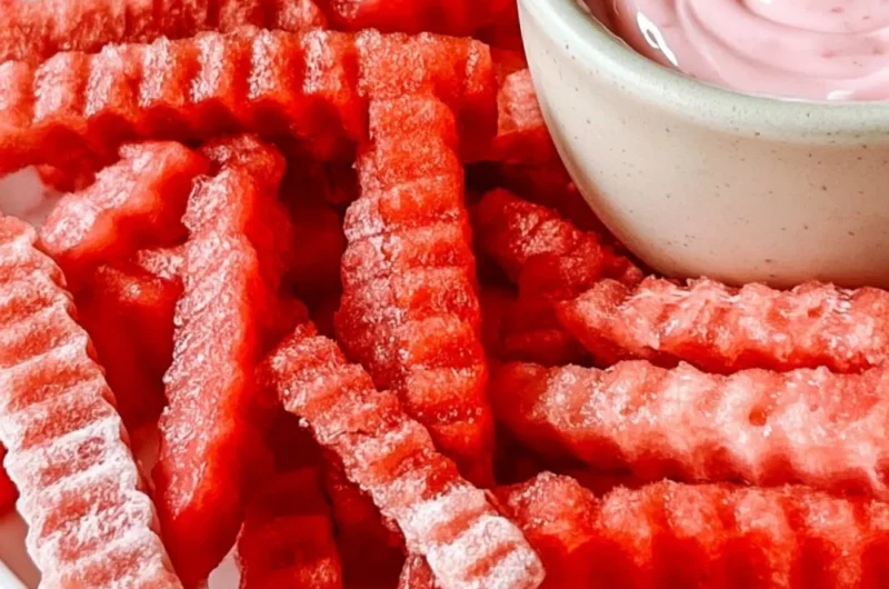 TikTok watermelon fries with strawberry yogurt dip on a plate.