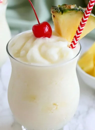 Virgin pina colada mocktail made with three ingredients for a tropical drink