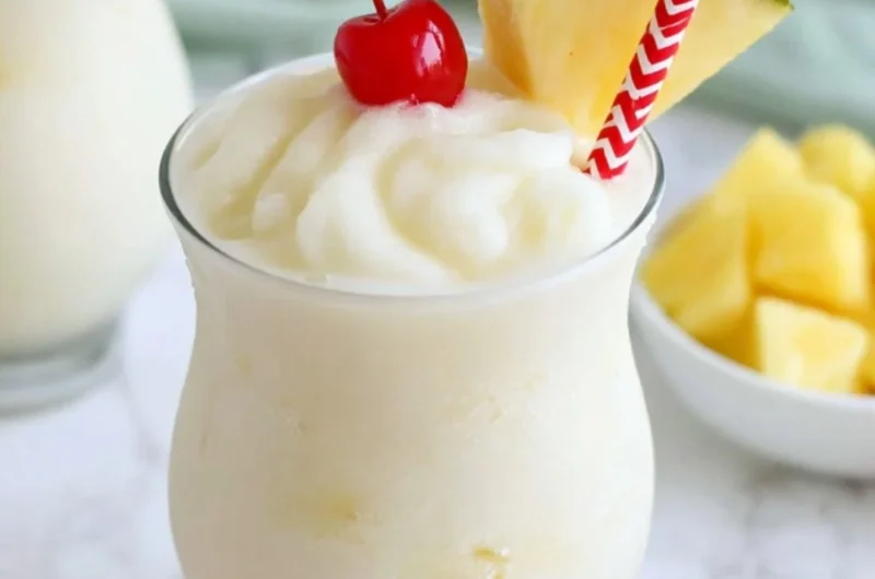 Virgin pina colada mocktail made with three ingredients for a tropical drink