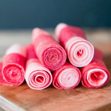 Homemade watermelon fruit leather, a healthy chewy snack made from fresh watermelon.