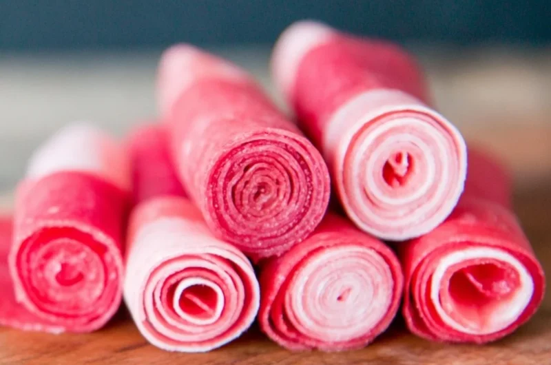 Homemade watermelon fruit leather, a healthy chewy snack made from fresh watermelon.