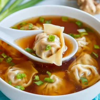 Bowl of steaming wonton soup with dumplings and green onions