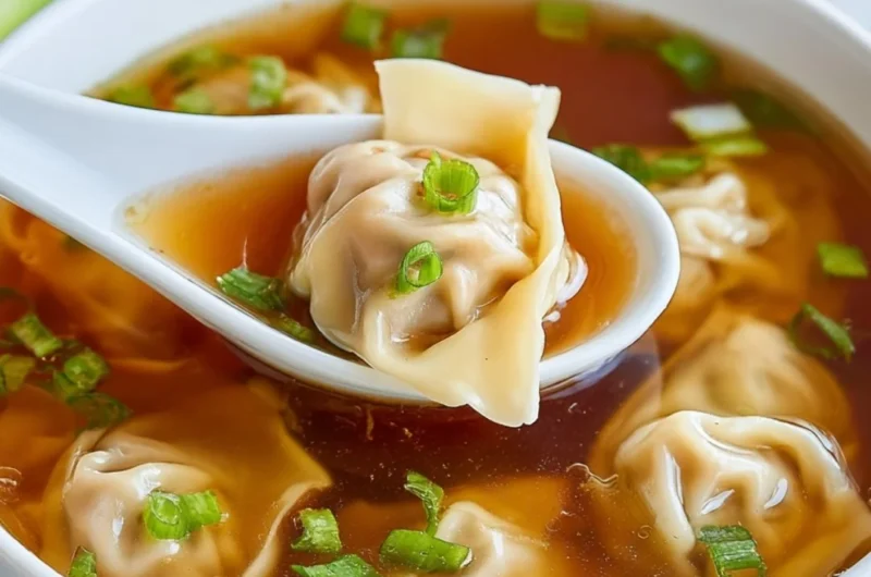 Bowl of steaming wonton soup with dumplings and green onions