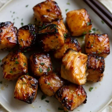 Air fryer honey garlic salmon bites served on a plate with garnish