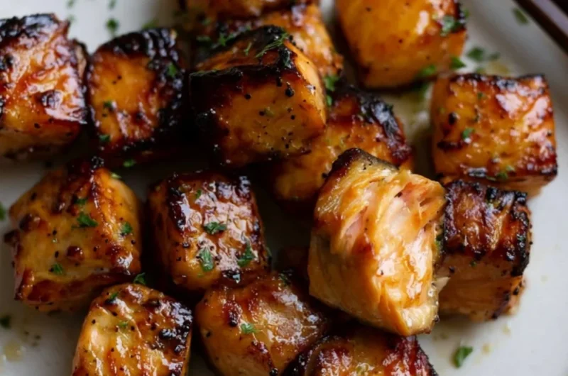 Air fryer honey garlic salmon bites served on a plate with garnish