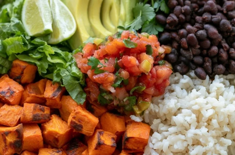 Black Bean Sweet Potato Burrito Bowl topped with fresh ingredients