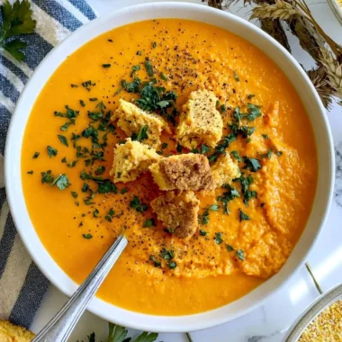 Bowl of creamy butternut squash soup topped with parsley and served with bread.