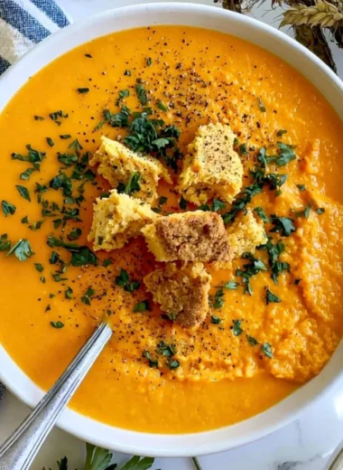 Bowl of creamy butternut squash soup topped with parsley and served with bread.