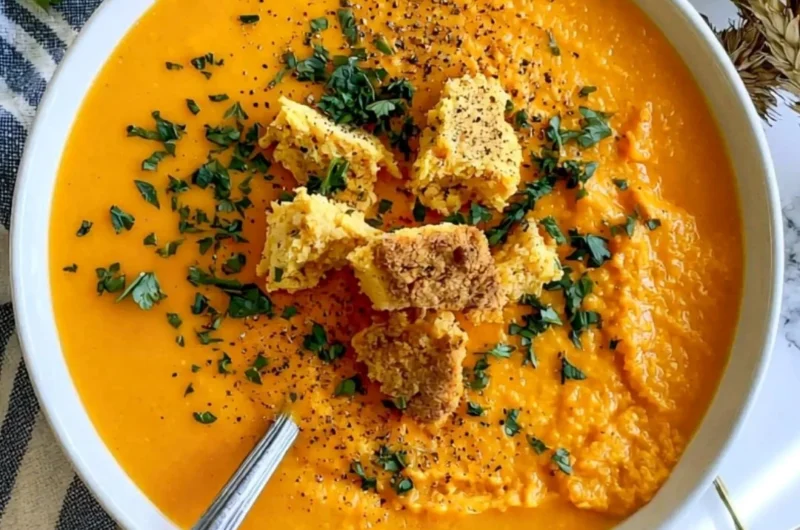 Bowl of creamy butternut squash soup topped with parsley and served with bread.