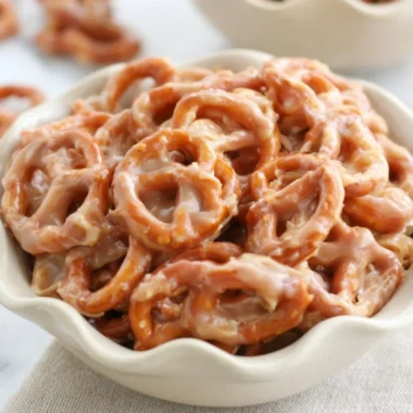 Delicious caramel pretzels drizzled with chocolate and sprinkled with sea salt
