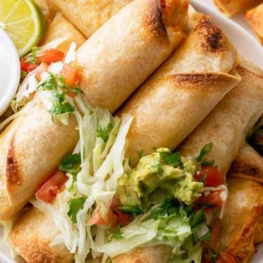 Plate of crispy Chicken Flautas with toppings and sauces.