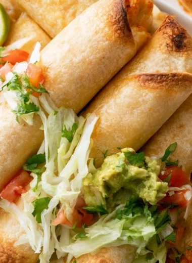 Plate of crispy Chicken Flautas with toppings and sauces.