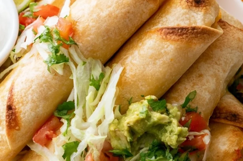 Plate of crispy Chicken Flautas with toppings and sauces.