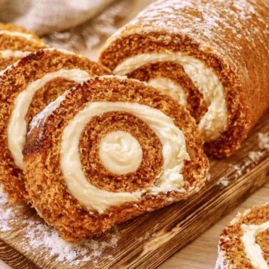 Delicious slice of copycat Libby's pumpkin roll with cream cheese filling