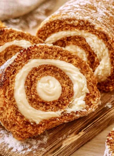 Delicious slice of copycat Libby's pumpkin roll with cream cheese filling