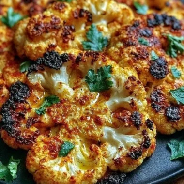 Crispy baked cauliflower steaks arranged on a plate with herbs and spices