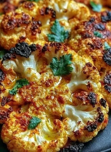 Crispy baked cauliflower steaks arranged on a plate with herbs and spices