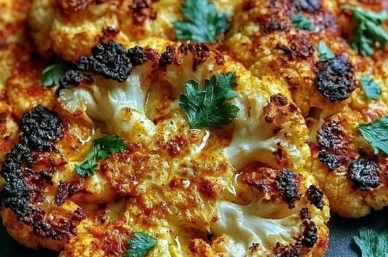 Crispy baked cauliflower steaks arranged on a plate with herbs and spices