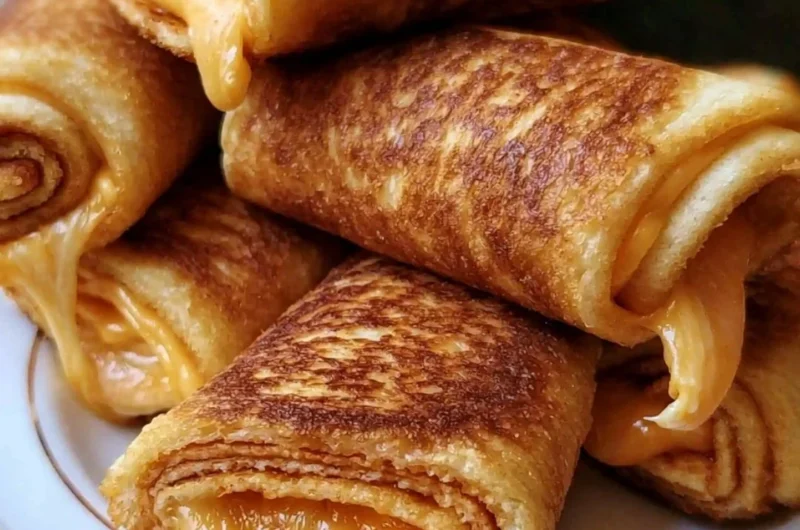 Plate of crispy cheesy roll ups, golden and delicious snacks filled with melted cheese.