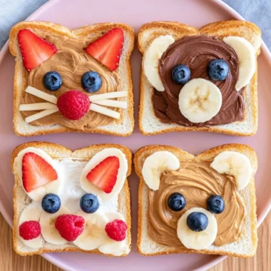 Cute animal face toast decorated with fruits and spreads.