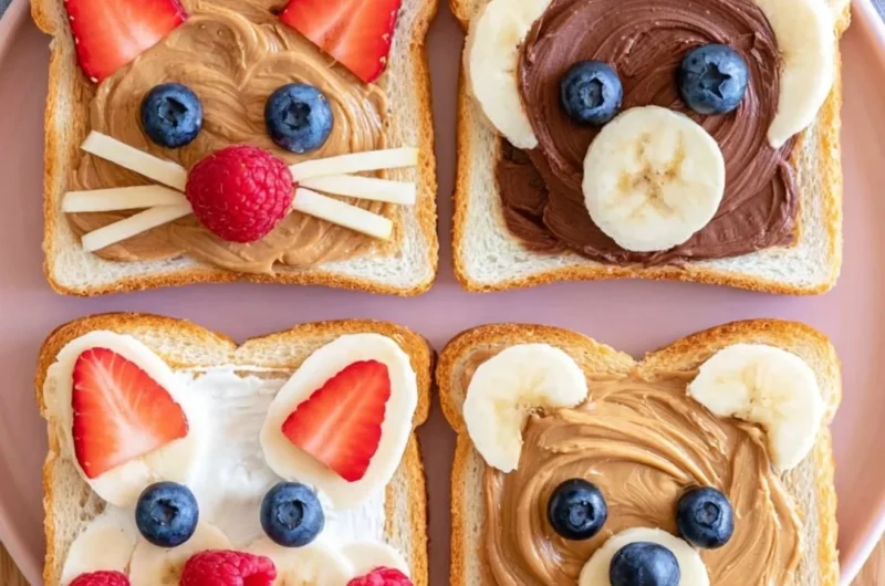 Cute animal face toast decorated with fruits and spreads.