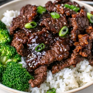 Delicious plate of easy Mongolian beef with vegetables and rice