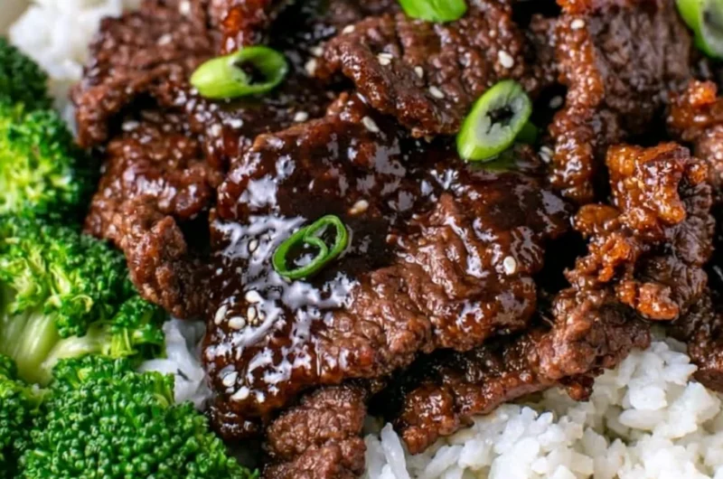 Delicious plate of easy Mongolian beef with vegetables and rice