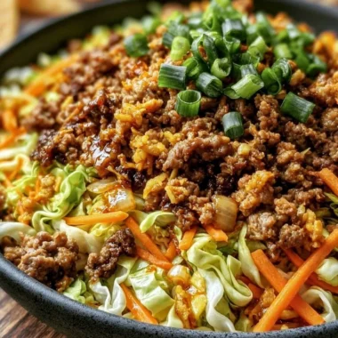 Healthy Egg Roll in a Bowl recipe with fresh vegetables and savory seasonings.