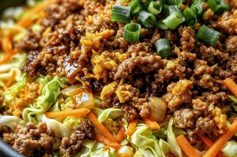 Healthy Egg Roll in a Bowl recipe with fresh vegetables and savory seasonings.